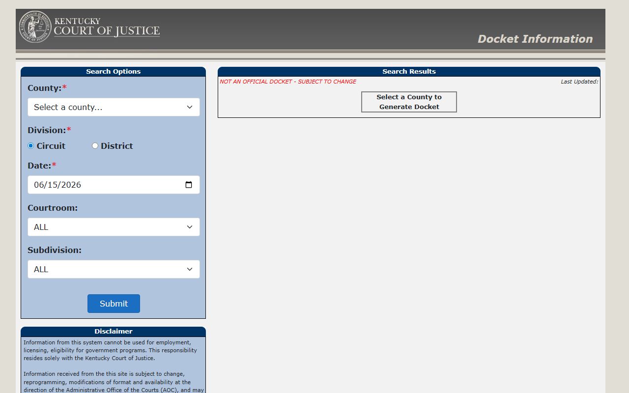 Monroe County court records after arrest Kentucky docket search fields